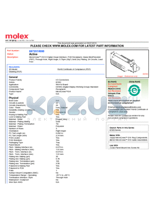 0673514000 datasheet - MicroCross DVI-D Digital Visual Interface, PCB Receptacle, Glass-filledPolyester(PBT), Through Hole, Right Angle, 0.76lm (30l