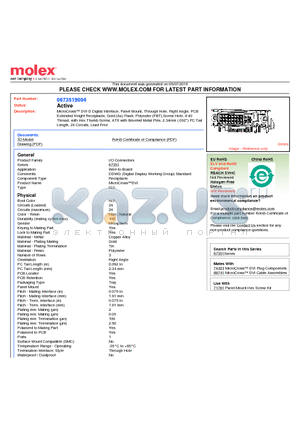 0673519004 datasheet - MicroCross DVI-D Digital Interface, Panel Mount, Through Hole, Right Angle, PCBExtended Height Receptacle, Gold (Au) Flash, Polyester (PBT),Screw Hole, 4-40