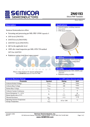 2N6193 datasheet - Silicon PNP Transistor