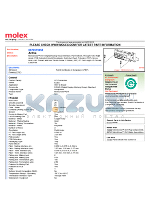 0673519054 datasheet - MicroCross DVI-I Digital/Analog Visual Interface, Panel Mount, Through Hole, RightAngle, PCB Extended Height Receptacle, Gold (Au) Flash, Polyester (PBT), ScrewHole, 4-40 Thread, with Hex Thumb Screw, 2.34mm (.092