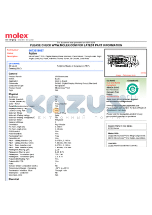 0673519057 datasheet - MicroCross DVI-I Digital/Analog Visual Interface, Panel Mount, Through Hole, RightAngle, Gold (Au) Flash, with Hex Thumb Screw, 29 Circuits, Lead Free