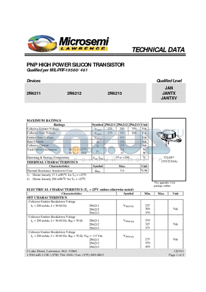 2N6212 datasheet - PNP HIGH POWER SILICON TRANSISTOR