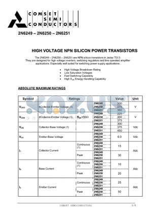 2N6249 datasheet - HIGH VOLTAGE NPN SILICON POWER TRANSISTORS