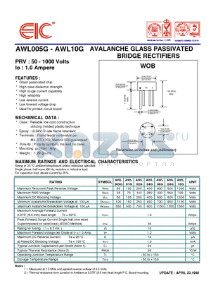 AWL005G datasheet - AVALANCHE GLASS PASSIVATED BRIDGE RECTIFIERS