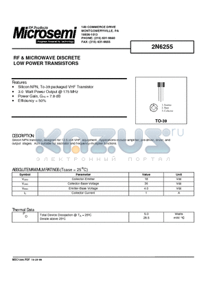 2N6255 datasheet - RF & MICROWAVE DISCRETE LOW POWER TRANSISTORS