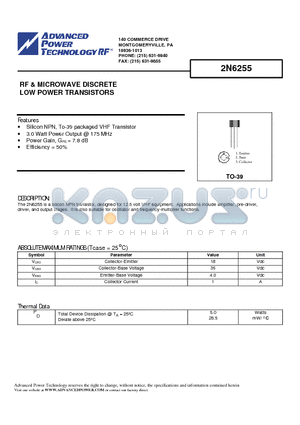 2N6255 datasheet - RF & MICROWAVE DISCRETE LOW POWER TRANSISTORS
