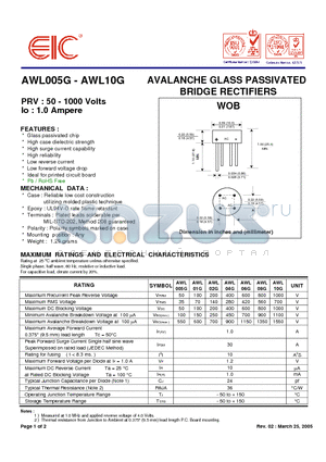 AWL02G datasheet - AVALANCHE GLASS PASSIVATED BRIDGE RECTIFIERS