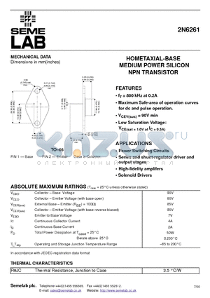 2N6261 datasheet - HOMETAXIAL-BASE MEDIUM POWER SILICON NPN TRANSISTOR