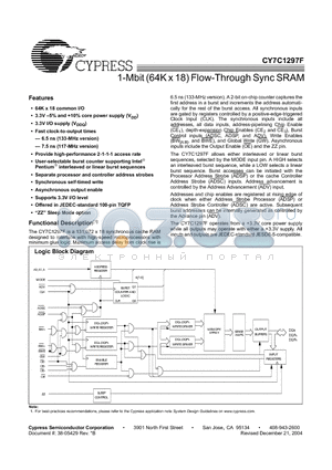CY7C1297F datasheet - 1-Mbit (64K x 18) Flow-Through Sync SRAM