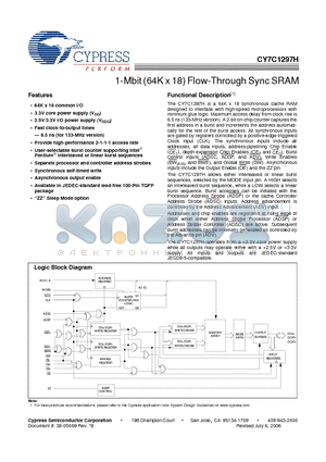 CY7C1297H datasheet - 1-Mbit (64K x 18) Flow-Through Sync SRAM