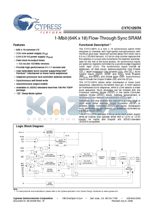 CY7C1297H-100AXC datasheet - 1-Mbit (64K x 18) Flow-Through Sync SRAM