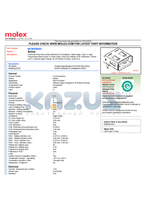 0676430931 datasheet - Universal Serial Bus (USB) Shielded I/O Receptacle, Right Angle, Type A, HighTemperature Black Nylon, 0.76lm (30l