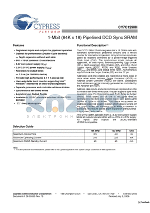 CY7C1298H datasheet - 1-Mbit (64K x 18) Pipelined DCD Sync SRAM