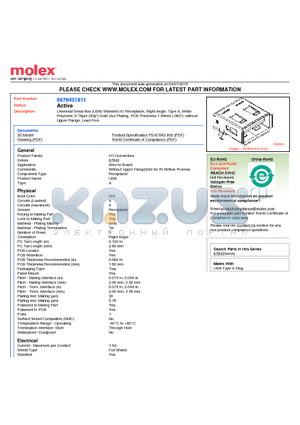 0676431911 datasheet - Universal Serial Bus (USB) Shielded I/O Receptacle, Right Angle, Type A, WhitePolyester, 0.76lm (30l