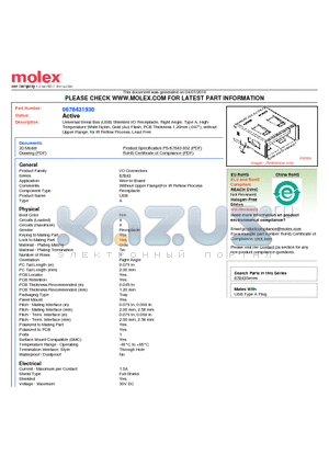 0676431930 datasheet - Universal Serial Bus (USB) Shielded I/O Receptacle, Right Angle, Type A, High- Temperature White Nylon, Gold (Au) Flash, PCB Thickness 1.20mm (.047