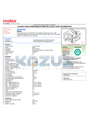 0676432990 datasheet - Universal Serial Bus (USB) Shielded I/O Receptacle, Right Angle, Type A, High-Temperature Black Nylon, Gold (Au) Flash, PCB Thickness 1.60mm (.063