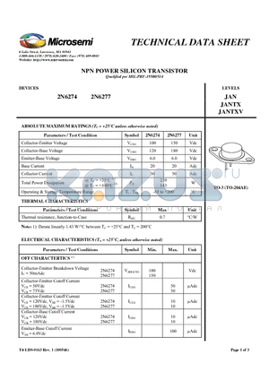 2N6274 datasheet - NPN POWER SILICON TRANSISTOR