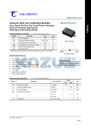 1SS422 datasheet - 200mW SOD-523 SURFACE MOUNT Very Small Outline Flat Lead Plastic Package General Purpose Application High Speed Switching Diode