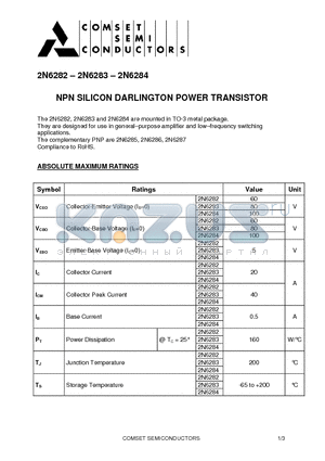 2N6282 datasheet - NPN SILICON DARLINGTON POWER TRANSISTOR