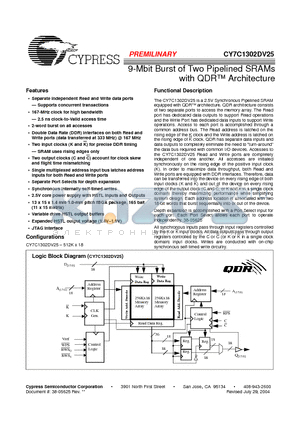CY7C1302DV25-100 datasheet - 9-Mbit Burst of Two Pipelined SRAMs with QDR Architecture