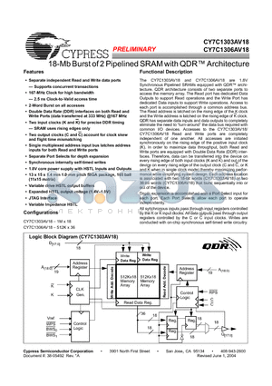 CY7C1303AV18 datasheet - 18-Mb Burst of 2 Pipelined SRAM with QDR Architecture