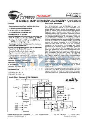 CY7C1303AV18-100BZC datasheet - 18-Mb Burst of 2 Pipelined SRAM with QDR Architecture