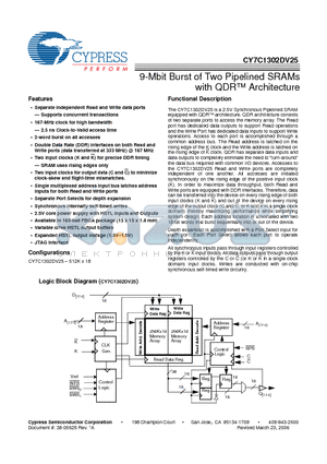 CY7C1302DV25-167BZXC datasheet - 9-Mbit Burst of Two Pipelined SRAMs with QDR Architecture