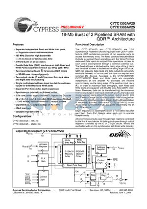 CY7C1303AV25-167BZC datasheet - 18-Mb Burst of 2 Pipelined SRAM with QDR Architecture