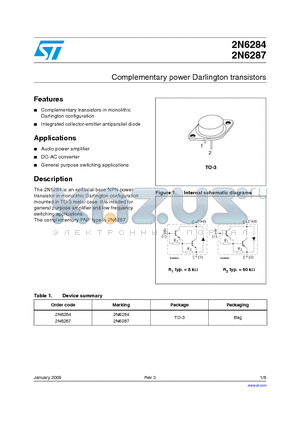 2N6284 datasheet - Complementary power Darlington transistors