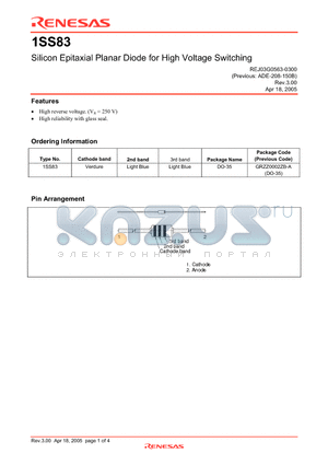 1SS83 datasheet - Silicon Epitaxial Planar Diode for High Voltage Switching