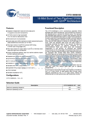 CY7C1303BV25_12 datasheet - 18-Mbit Burst of Two-Pipelined SRAM with QDR^ Architecture