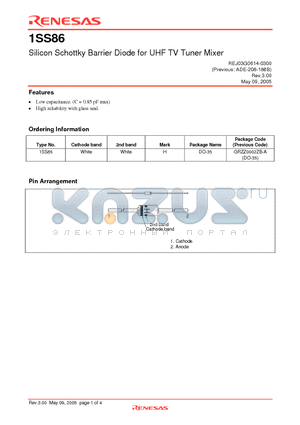 1SS86 datasheet - Silicon Schottky Barrier Diode for UHF TV Tuner Mixer