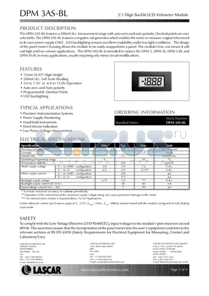 DPM3AS-BL datasheet - 3m Digit Backlit LCD Voltmeter Module