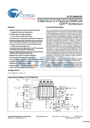 CY7C1304DV25-167BZXC datasheet - 9-Mbit Burst of 4 Pipelined SRAM with QDR Architecture