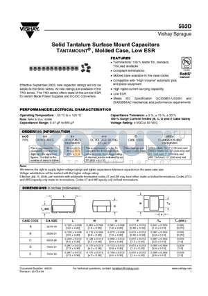 593D107X0010A2TE3 datasheet - Solid Tantalum Surface Mount Capacitors TANTAMOUNT^ , Molded Case, Low ESR