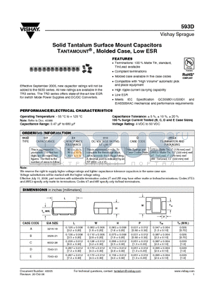 593D107X0010A8T datasheet - Solid Tantalum Surface Mount Capacitors TANTAMOUNT^ , Molded Case, Low ESR