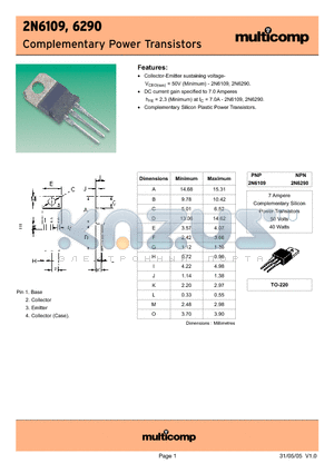 2N6290 datasheet - Complementary Power Transistors