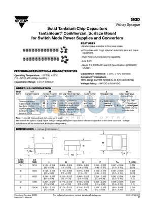 593D107X0010D2W datasheet - Solid Tantalum Chip Capacitors Tantamount Commercial, Surface Mount for Switch Mode Power Supplies and Converters