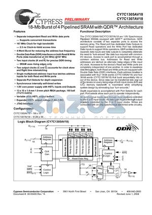 CY7C1307AV18 datasheet - 18-Mb Burst of 4 Pipelined SRAM with QDR Architecture