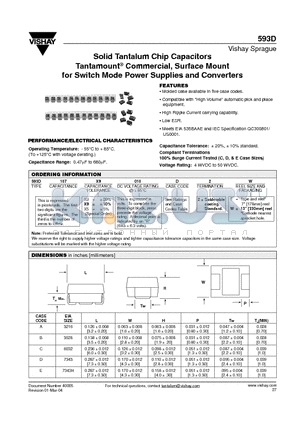 593D107X5010D2W datasheet - Solid Tantalum Chip Capacitors Tantamount Commercial, Surface Mount for Switch Mode Power Supplies and Converters