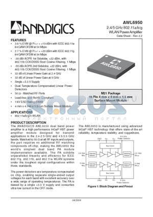 AWL6950RM21P8 datasheet - 2.4/5 GHz 802.11a/b/g WLAN Power Amplifier