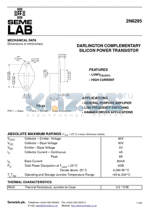 2N6295 datasheet - DARLINGTON COMPLEMENTARY SILICON POWER TRANSISTOR