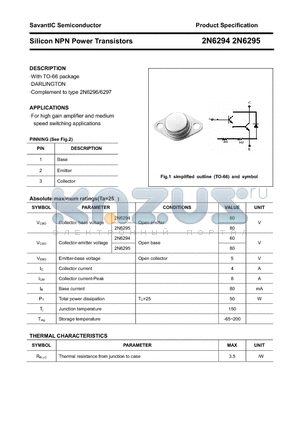 2N6295 datasheet - Silicon NPN Power Transistors