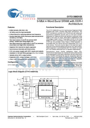 CY7C1308DV25 datasheet - 9-Mbit 4-Word Burst SRAM with DDR-I Architecture