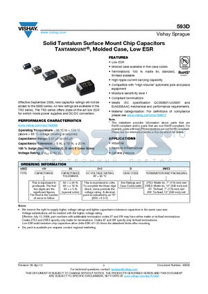 593D227X9010E2TE3 datasheet - Solid Tantalum Surface Mount Chip Capacitors TANTAMOUNT^, Molded Case, Low ESR