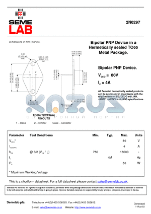 2N6297 datasheet - Bipolar PNP Device in a Hermetically sealed TO66