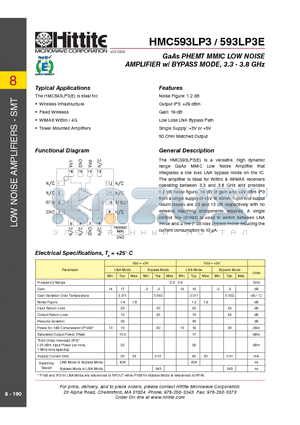 593LP3E datasheet - GaAs PHEMT MMIC LOW NOISE AMPLIFIER w/ BYPASS MODE, 3.3 - 3.8 GHz