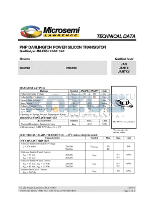 2N6298 datasheet - PNP DARLINGTON POWER SILICON TRANSISTOR