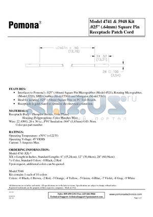 5948 datasheet - .025 (.64mm) Square Pin Receptacle Patch Cord