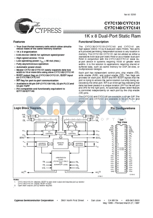 CY7C131-30JI datasheet - 1K x 8 Dual-Port Static Ram